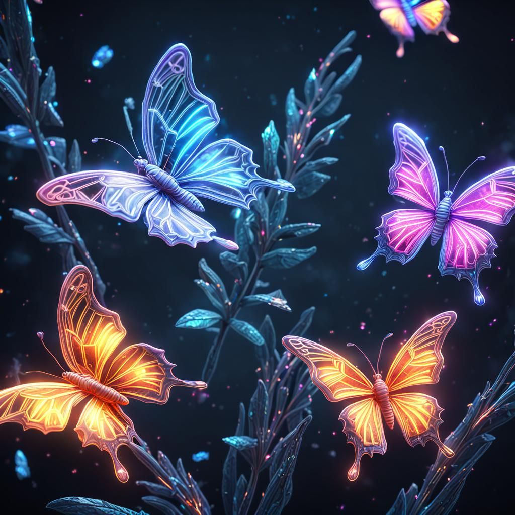 Neon Crystal Butterflies in Flight: 3D Digital Art