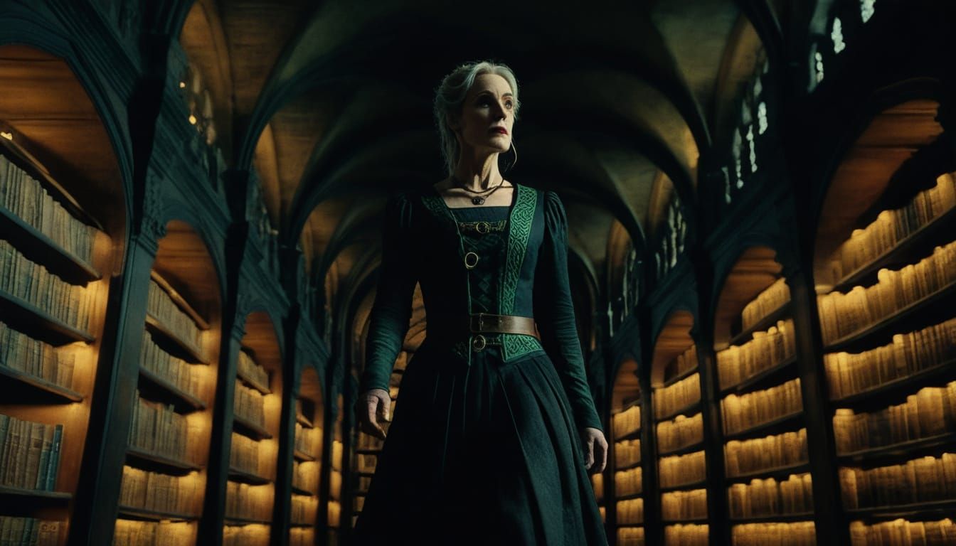 Gothic Celtic Librarian in Dark Fantasy Library