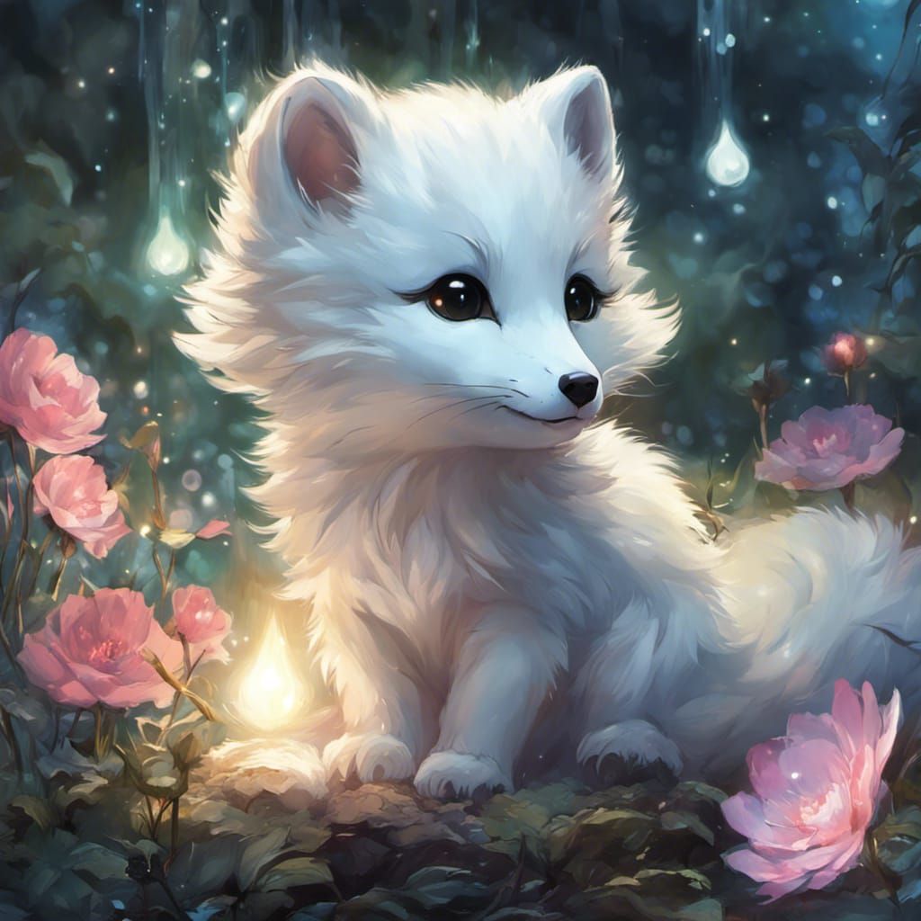 Cute Arctic Fox Cub in Enchanted Garden