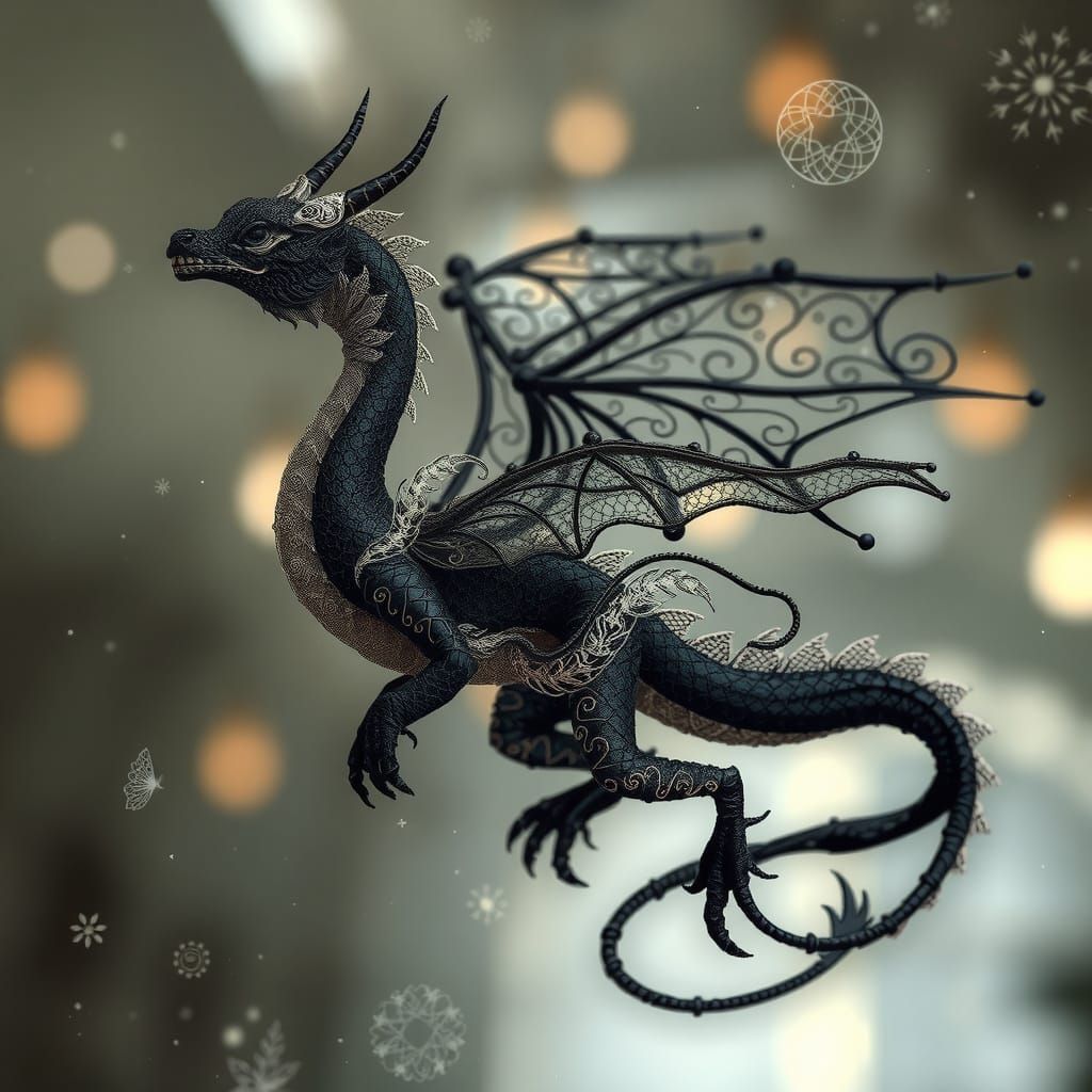 Obsidian Dragon with Silver Filigree in Dreamlike Atmosphere