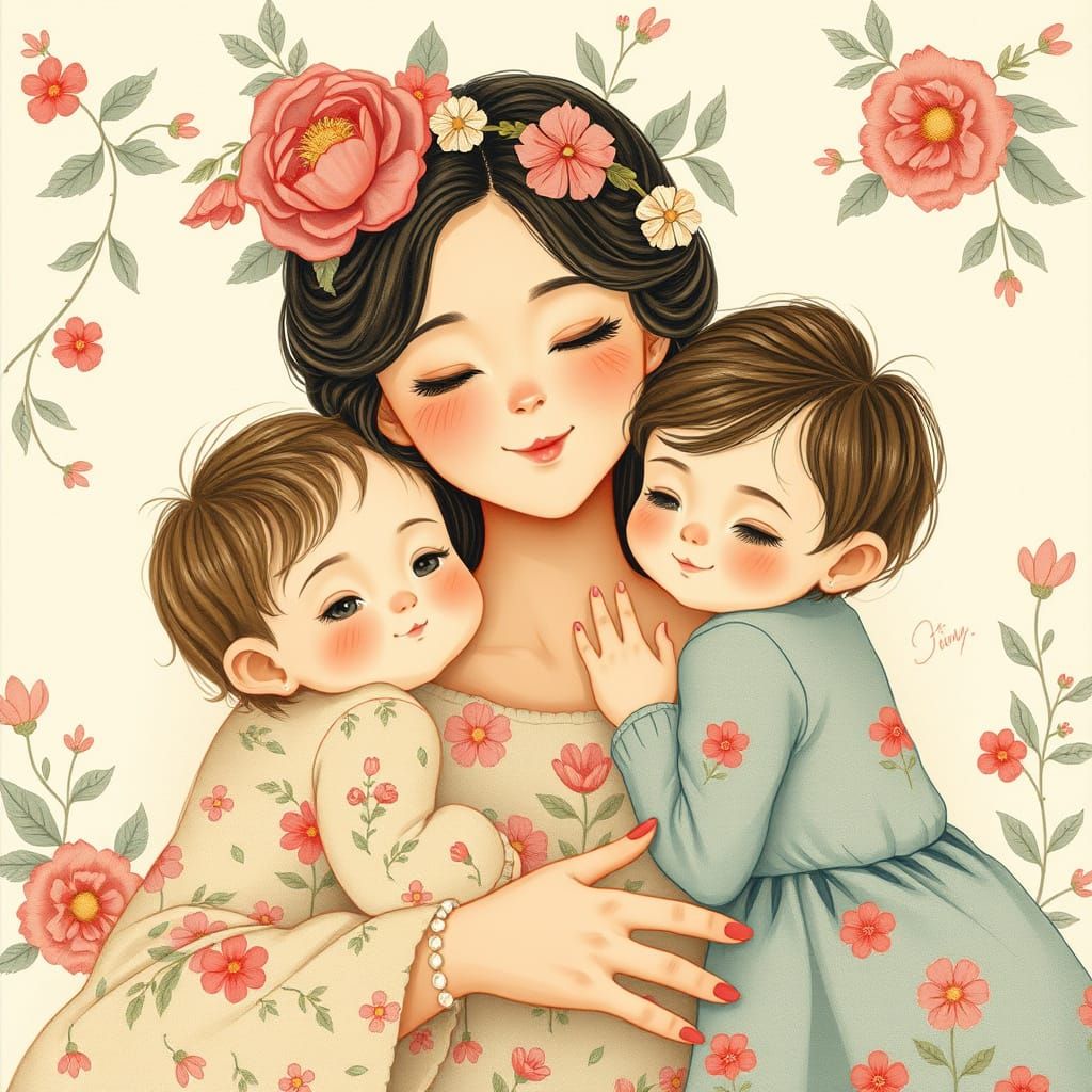Mother Surrounded by Loving Children in Whimsical Floral Pat...