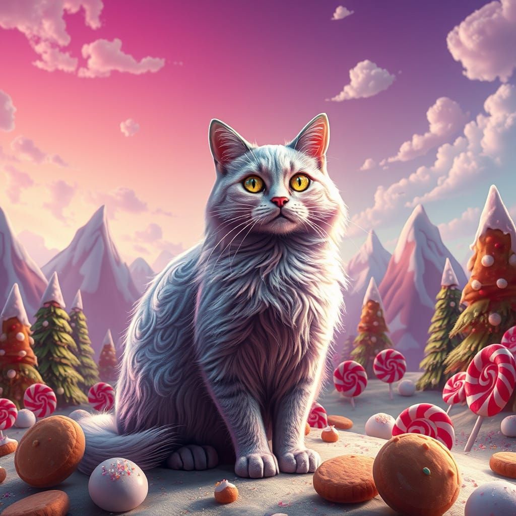 Majestic Cat in Whimsical Cookie Landscape