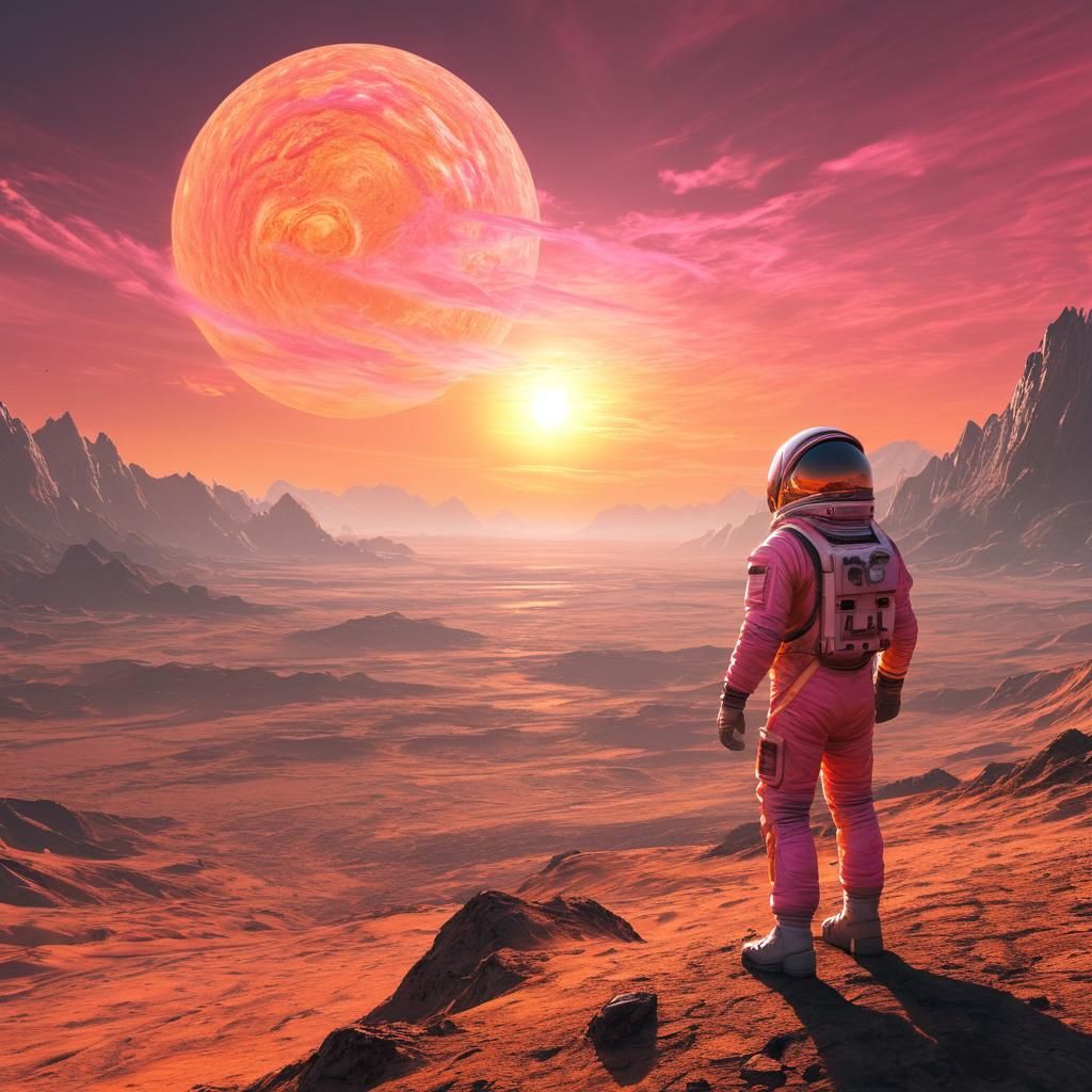 Astronaut Stands at Sunrise on Barren Alien Landscape in Vib...