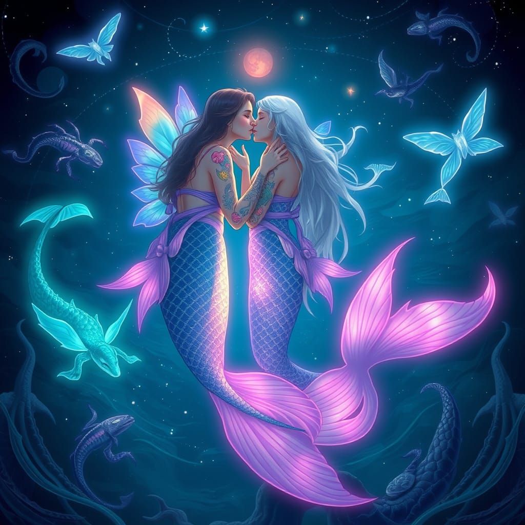 Glowing Mermaid Lovers in Enchanted Ocean