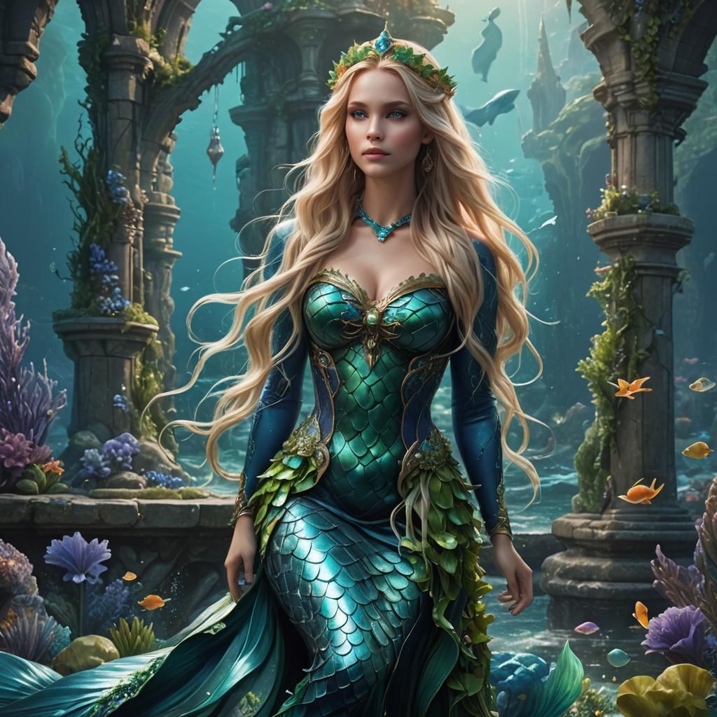 Elegant mermaid in hues of blue and green, long blonde hair