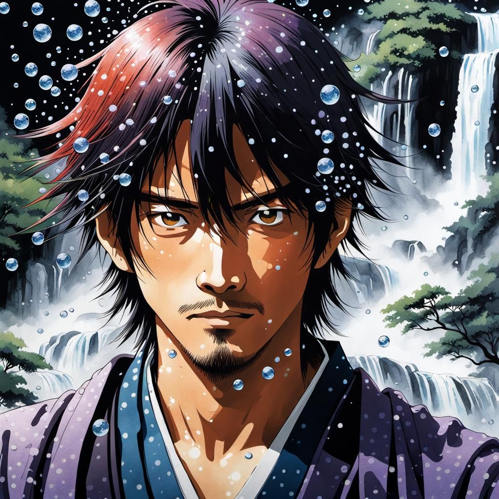 Kenshin Himura Portrait with Waterfalls in Ink Wash Style