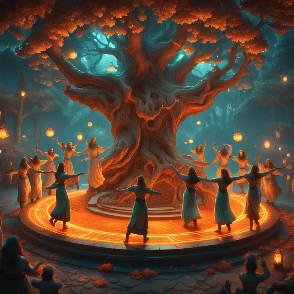 Tree People Perform Ritual: Hyperdetailed Concept Art