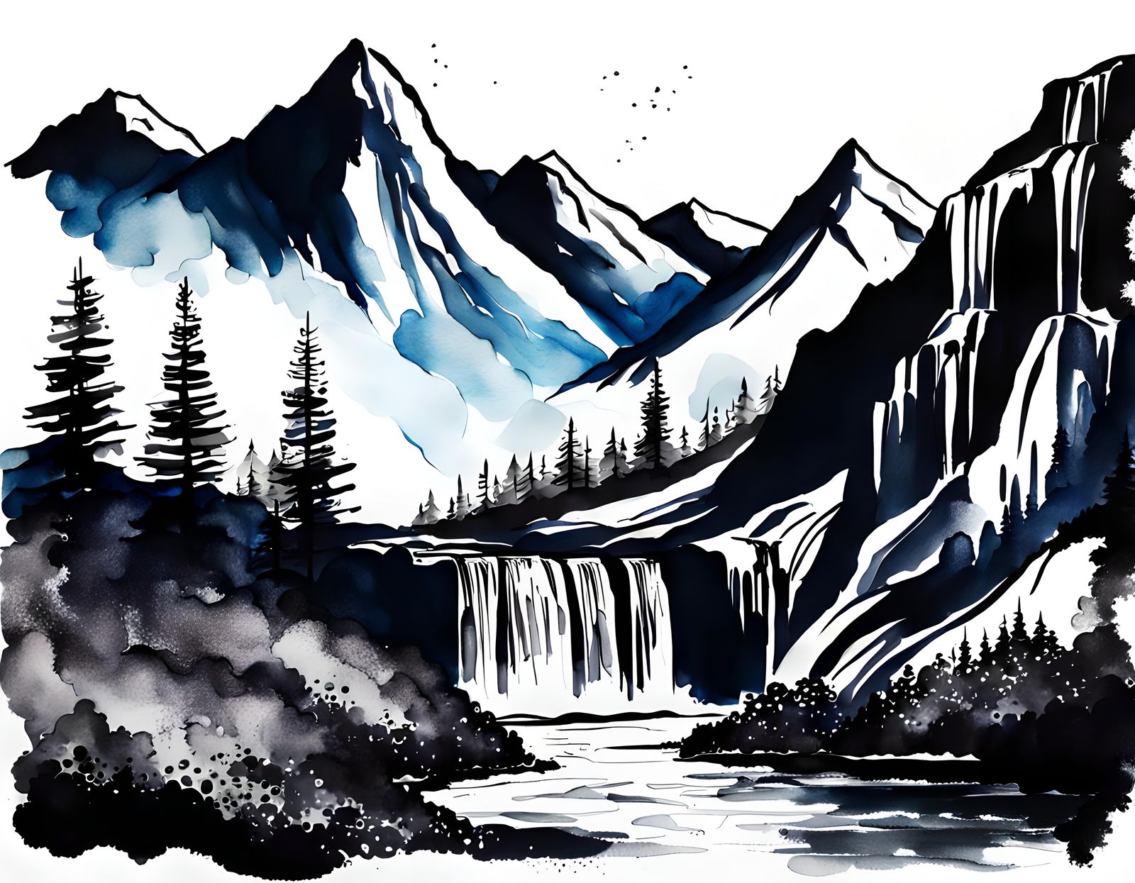 Alcohol Ink Waterfall and Mountains Abstract