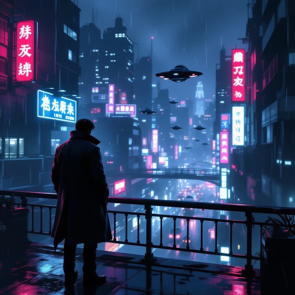 Cyberpunk Detective on Rainy Balcony in Neon City