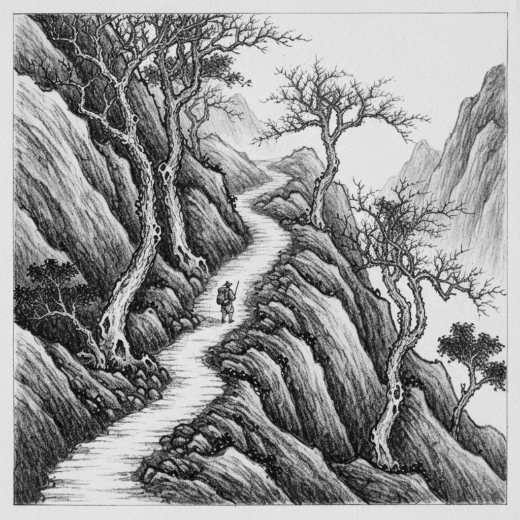Lone Traveler Ascends Mountain Path in Tang Dynasty Ink Styl...