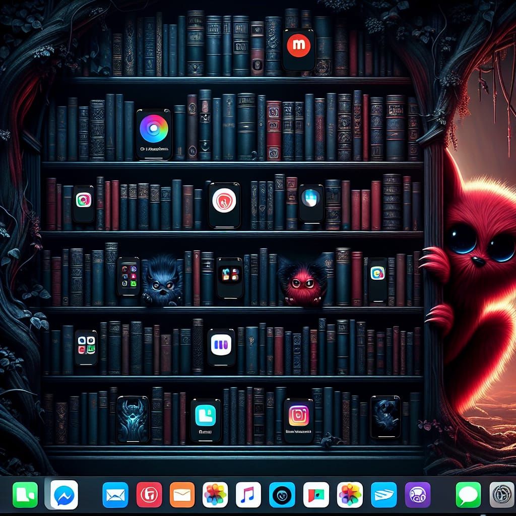 Dark Bookshelf Wallpaper with Elmo and App Icons