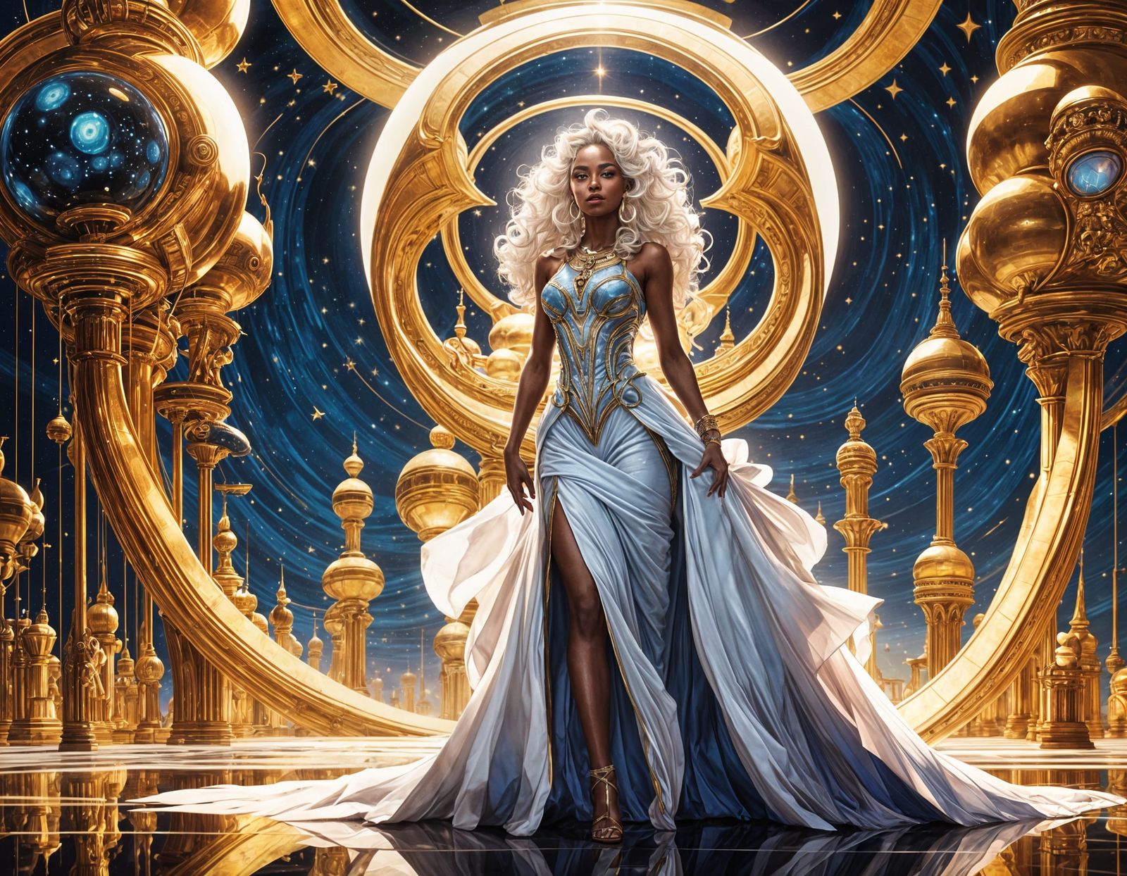 Ethereal Alien Goddess in Futuristic Ballroom