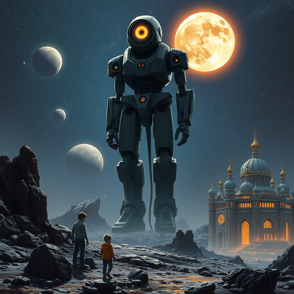 Cyberpunk Robot God Among Ancient Skies