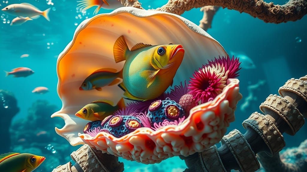 Vibrant Coral Reef Scene in a Surrealist Style