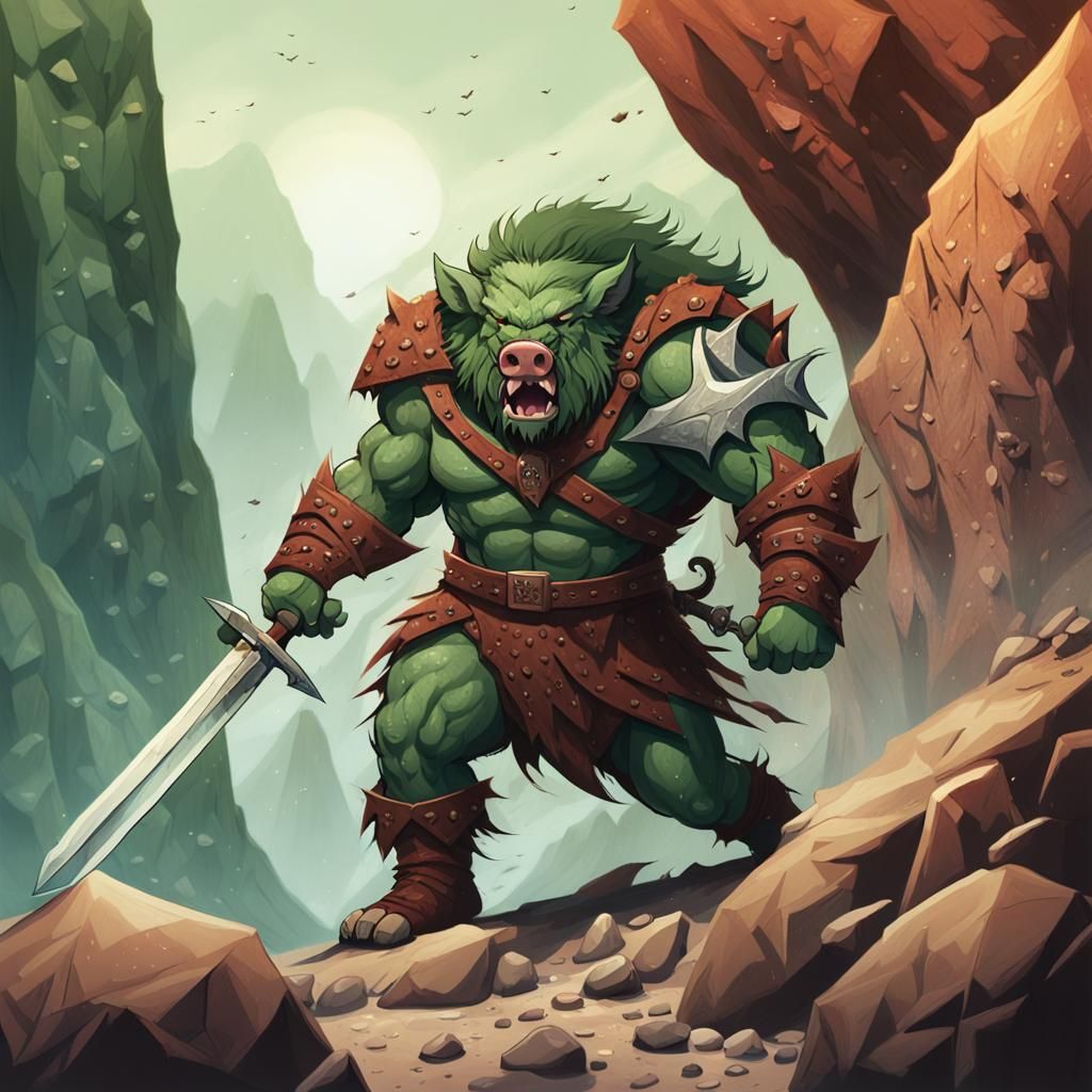 Boar Barbarian with Greatsword in Fantasy Landscape