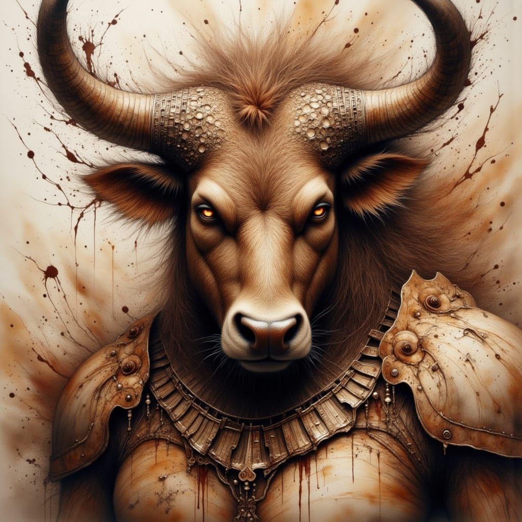Raging Minotaur with Glowing Eyes in Expressive Watercolor S...