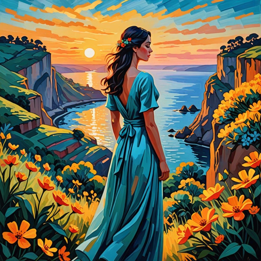 Surreal Young Woman in a Flowing Light Blue Dress, Post-Impr...