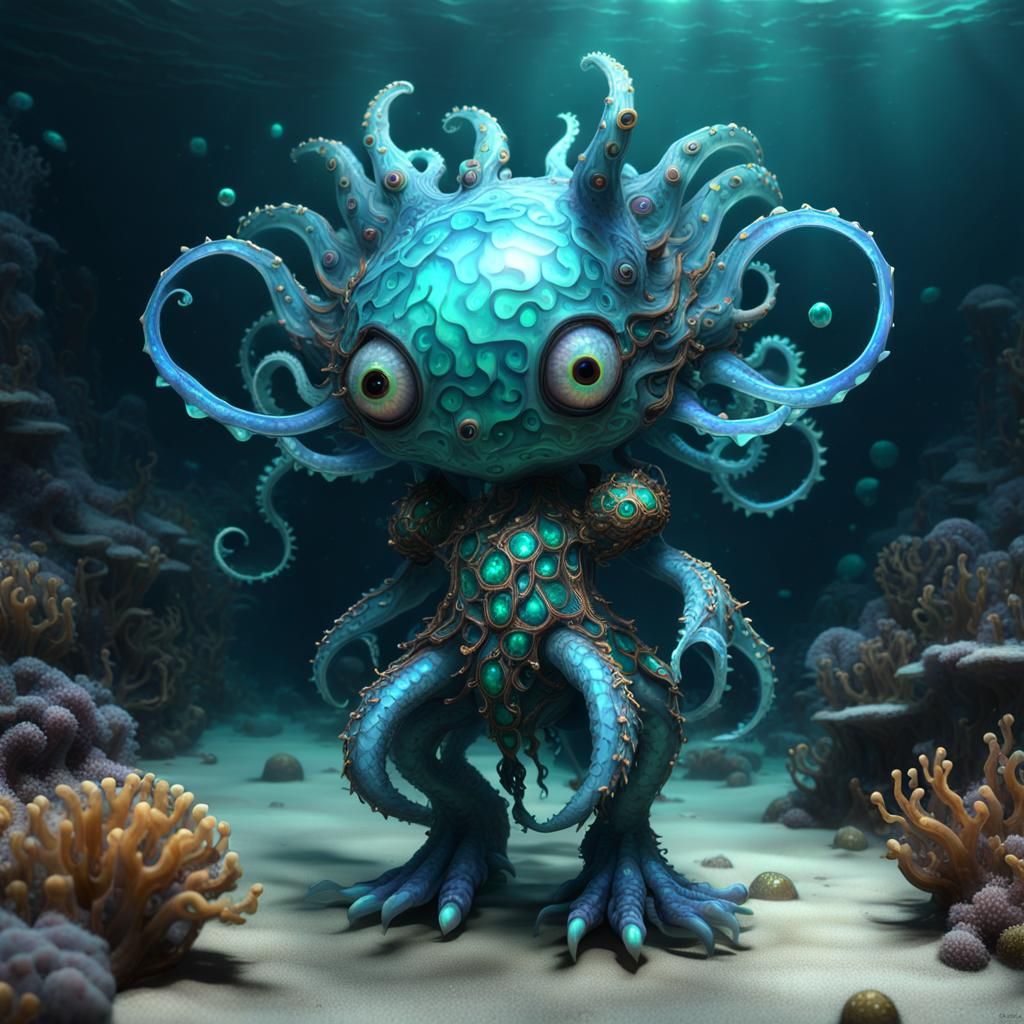 Cute Monster in Opals Dress: a Fantastical Painting