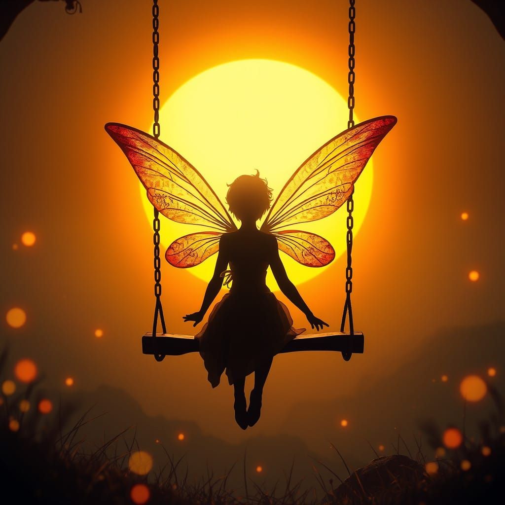 Enchanted Fairy Seeks Sunset Solace in Vibrant, Orange-Hued....