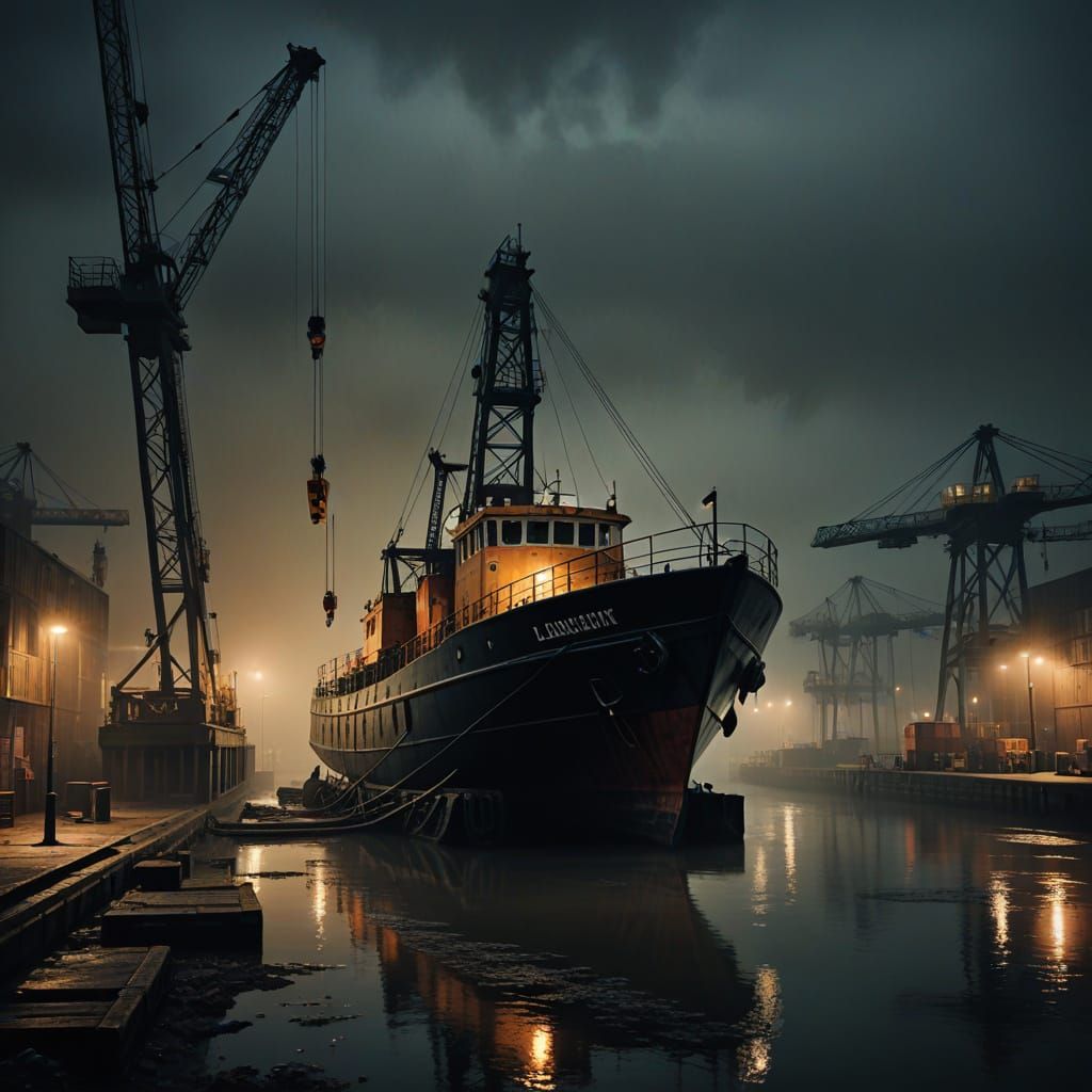 Surreal London Docks at Golden Hour in Dark Oil Painting Sty...