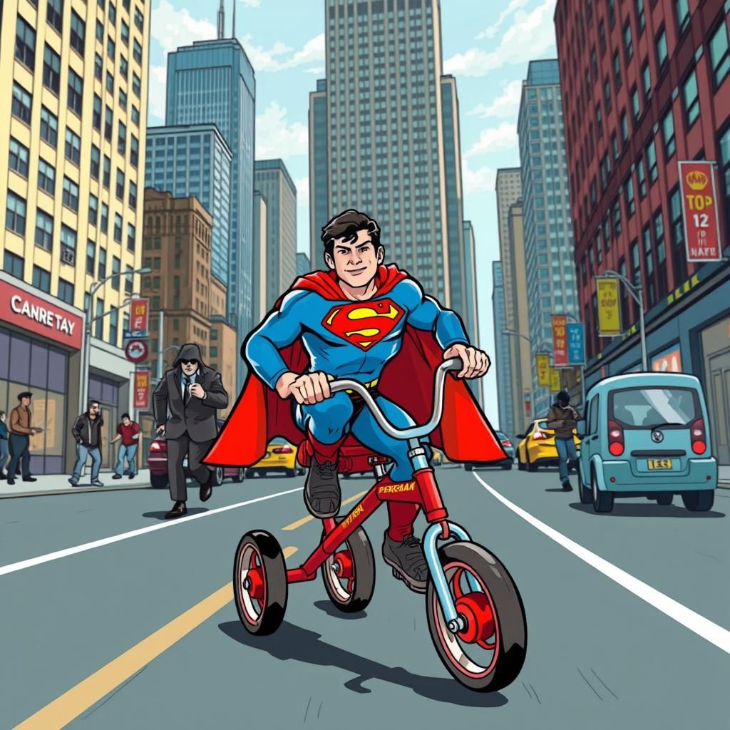 Superman on Tricycle Chasing Criminals, Comic Book Style