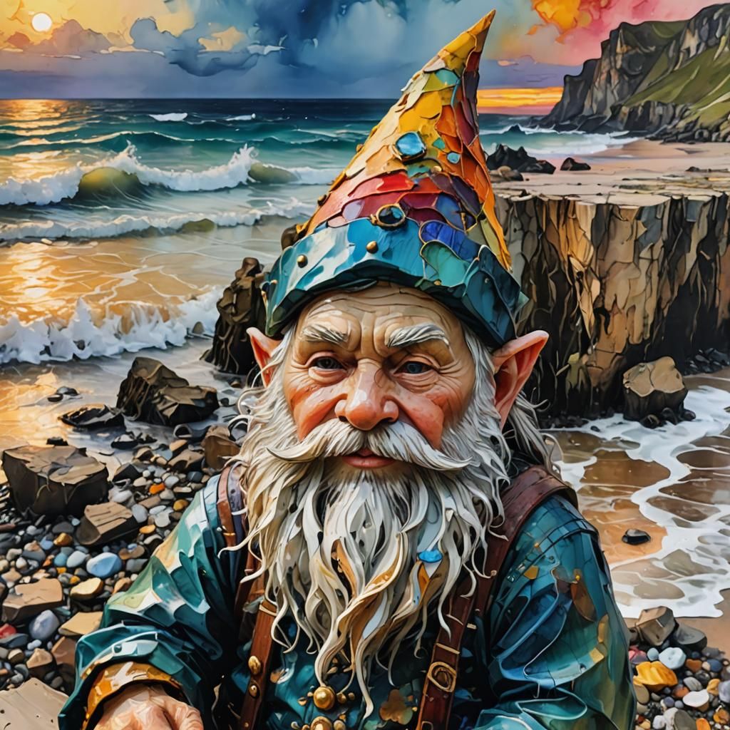 Gnome's Sunset Beach Day: Encaustic Alcohol Ink Art