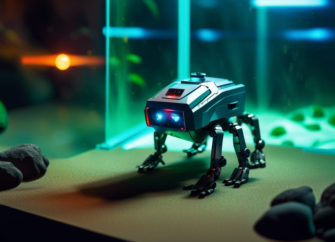 Cyberpunk Robot Pet Fires Laser in Aquarium