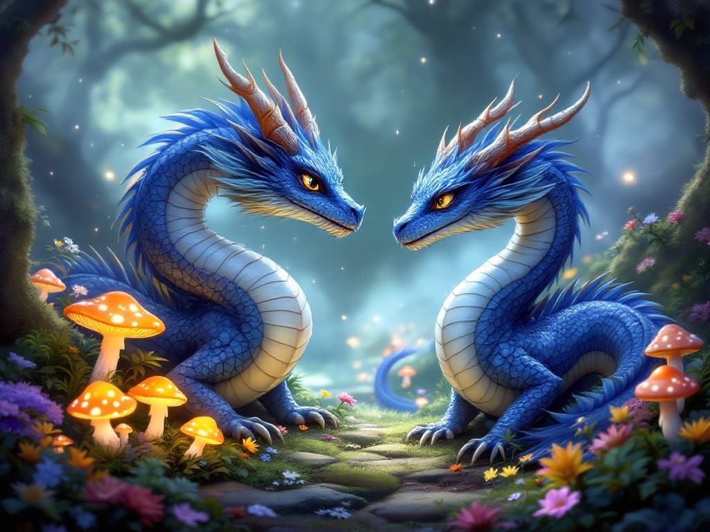 Enchanting Blue Dragons in a Mystical Forest