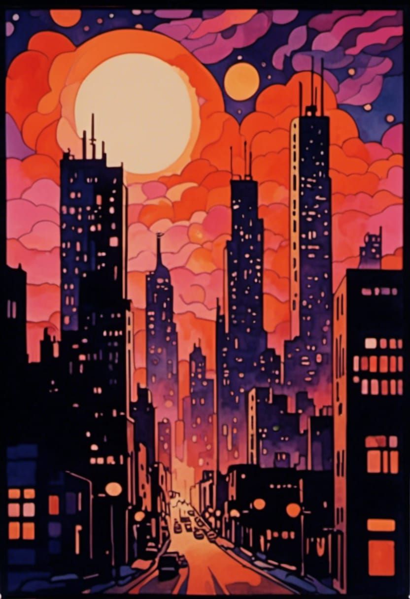 City Skyline at Dusk with Warm Streetlights