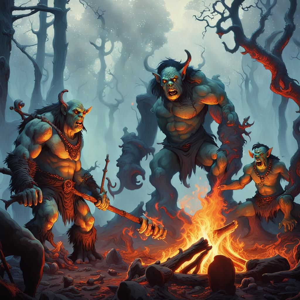 Orcs Gather in Misty Forest, Fantasy Oil Painting
