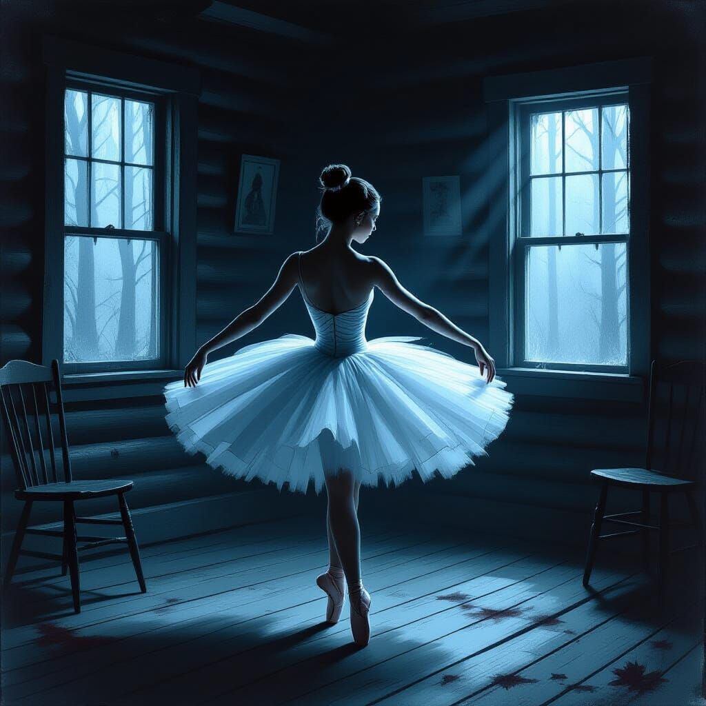 Eerie Ballet Dancer in Horror Cabin, Dark Art