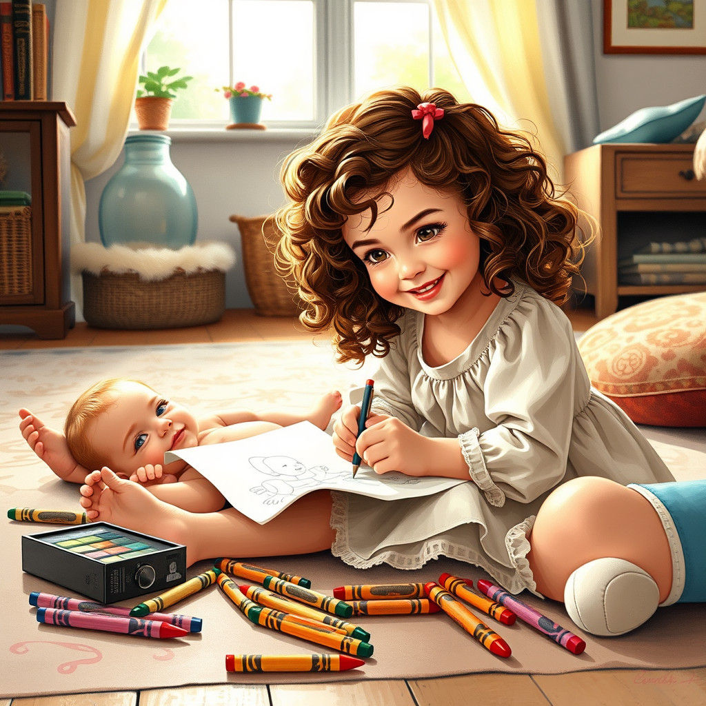 Girl Doodles for Baby Brother, Impressionist Style