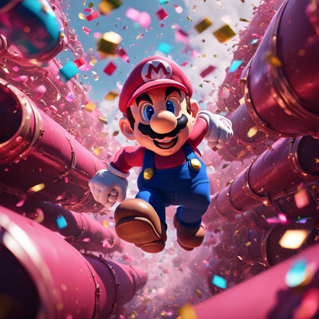 Mario's Confetti Ride Through a Clear Pipe