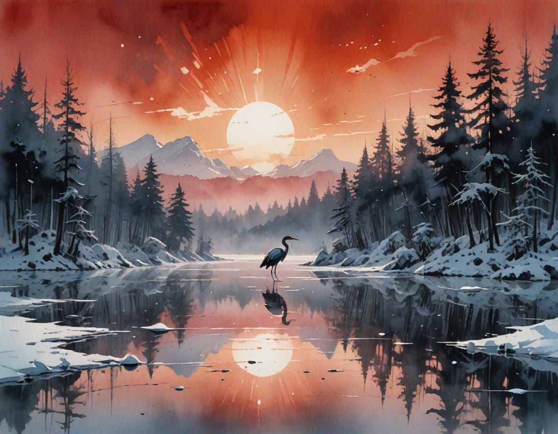 Heron on Winter Lake: Digital Matte Painting at Dawn
