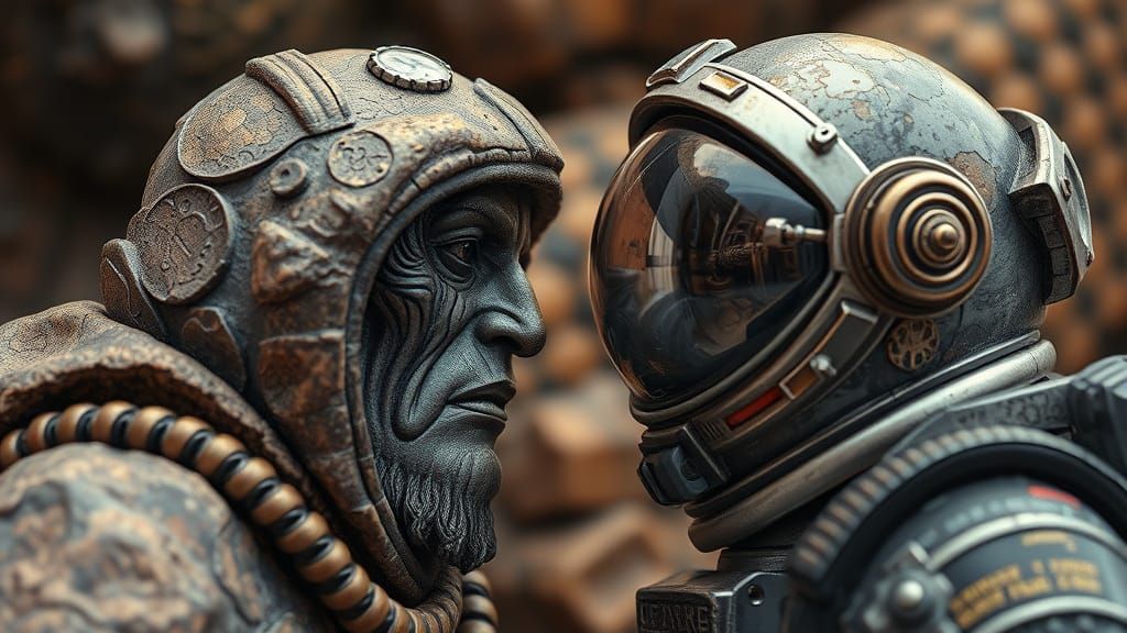 Caveman and Astronaut Meeting in Vanitas Style