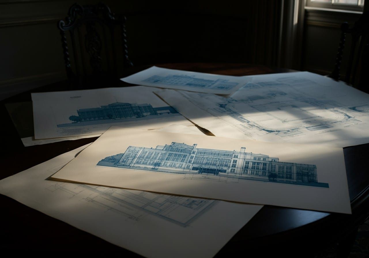 Neoclassical Cyanotype Schematic in Victorian Conference Roo...