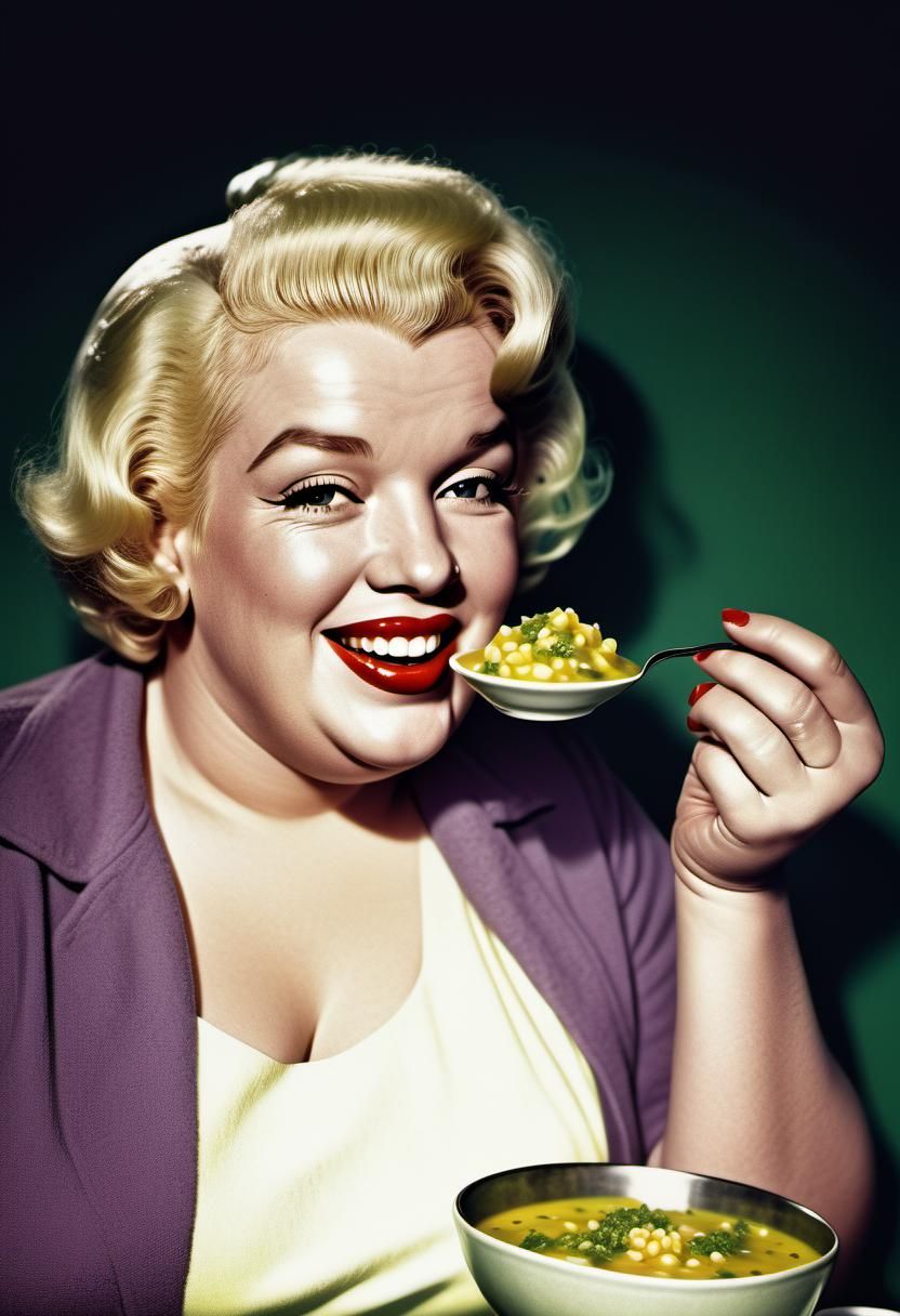 Obese Marilyn Monroe with Vegetable Soup, 1950s Pin-Up