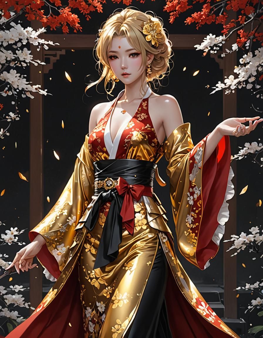 Golden Honey Kimono: Detailed 3D Anime Art