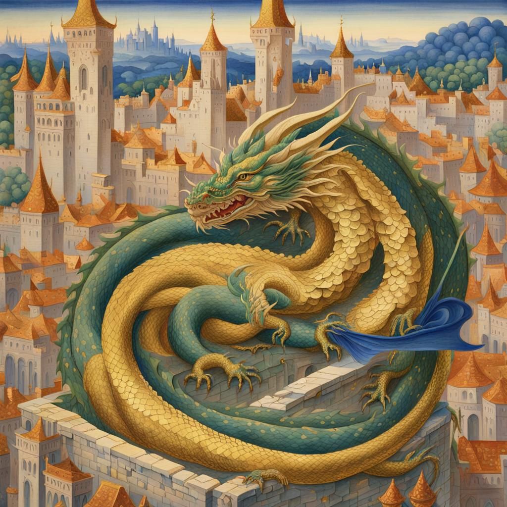 Dragon Coiled Around Medieval City: Manuscript Illumination