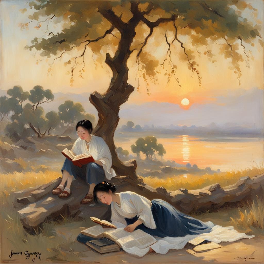 Chinese Youth Reading at Sunset: An Oil Painting