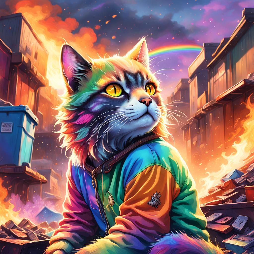 Stressed Cat in Burning Dumpster: Fantasy Concept Art