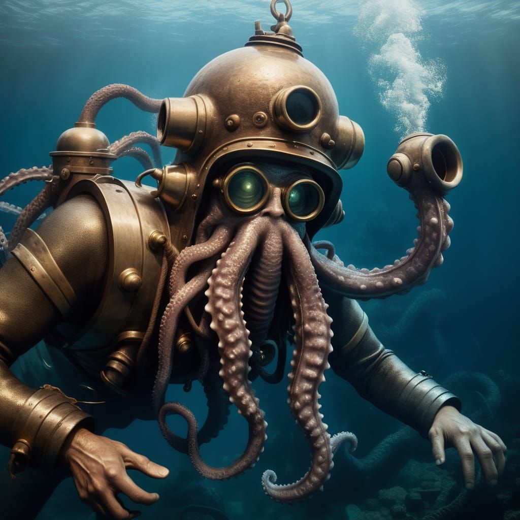 Vintage Scuba Diver Battles Kraken in Deep Sea Portrait