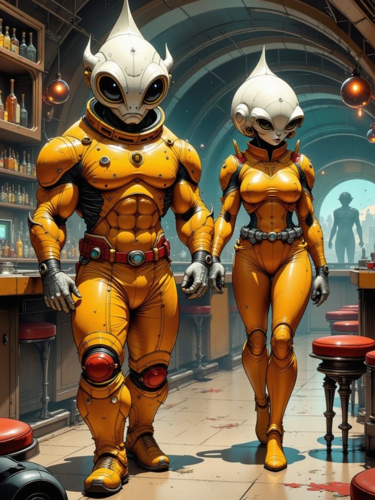 Alien Couple in Futuristic Spaceship Nightclub