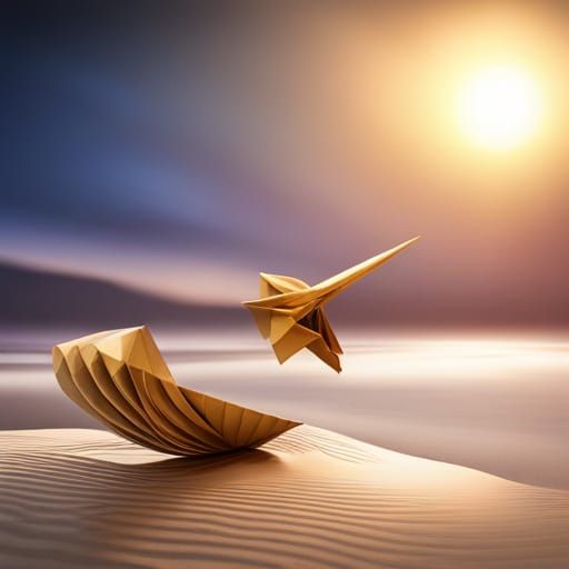 Origami Bamboo Sundial at Golden Hour: 3D Render