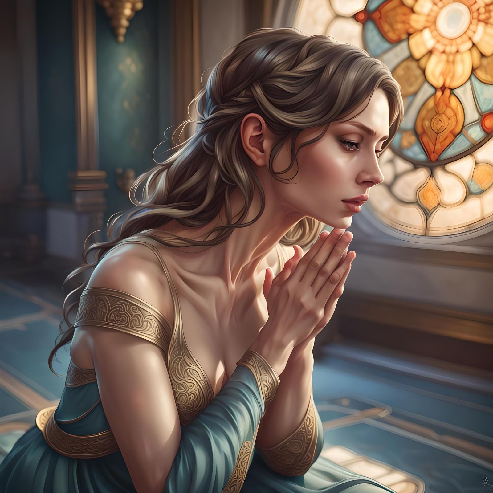 Woman Praying: Dynamic Lighting, Art Nouveau Portrait