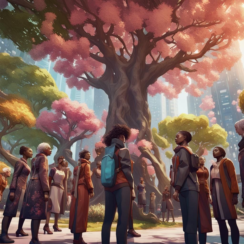 Utopic Unity: Diverse People Admire Futuristic Tree