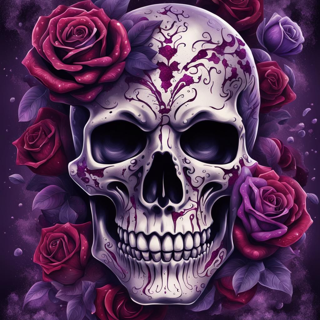 Tattooed Skeleton Head with Purple Roses