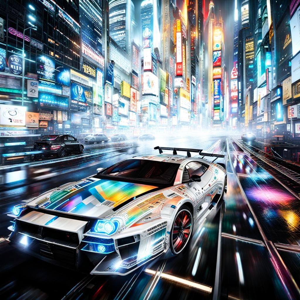 Cyberpunk Car in Rainy Cityscape with Motion Blur