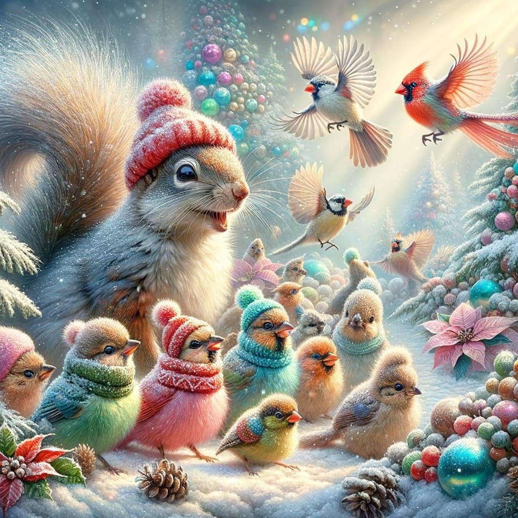 Jovial Squirrel and Cardinal Family in Snowy Wonderland