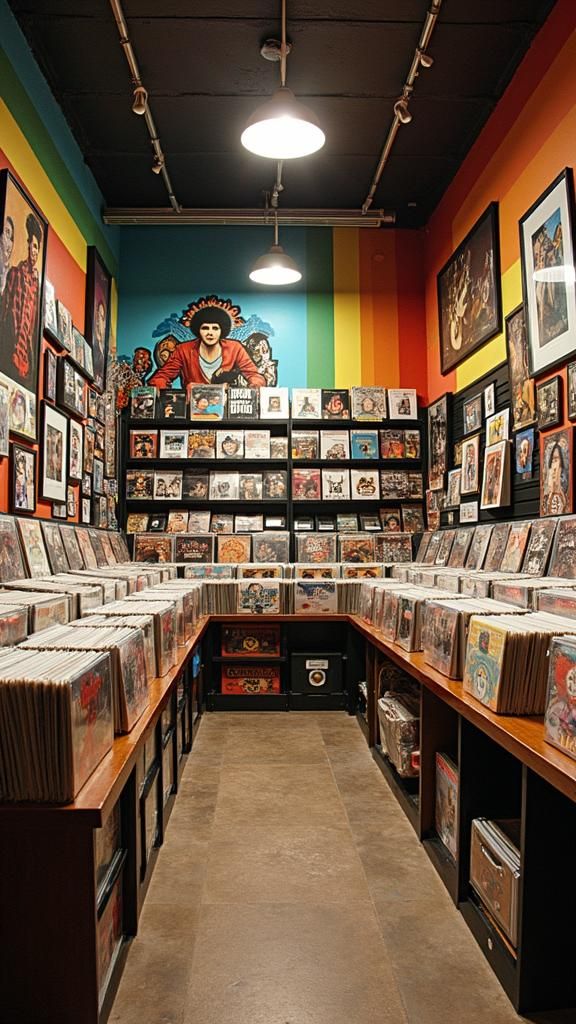 Vintage 1970s Record Store with Psychedelic Mural